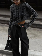 Dark Grey Irregular Hem Knitted Short O-neck Long Sleeve Crop Fashion Sweater